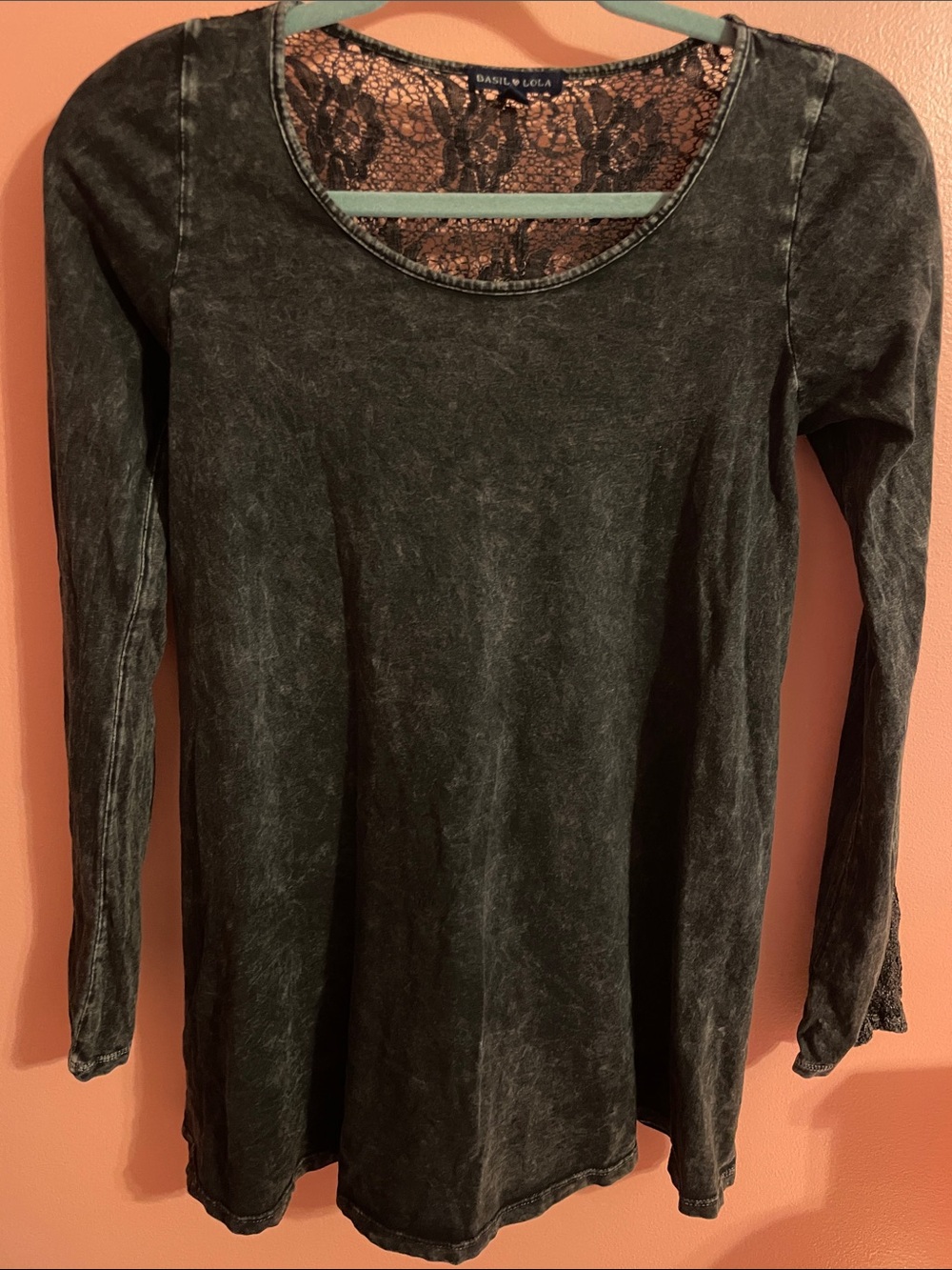 Women's Black Washed Long Sleeve Lace-Back Tee